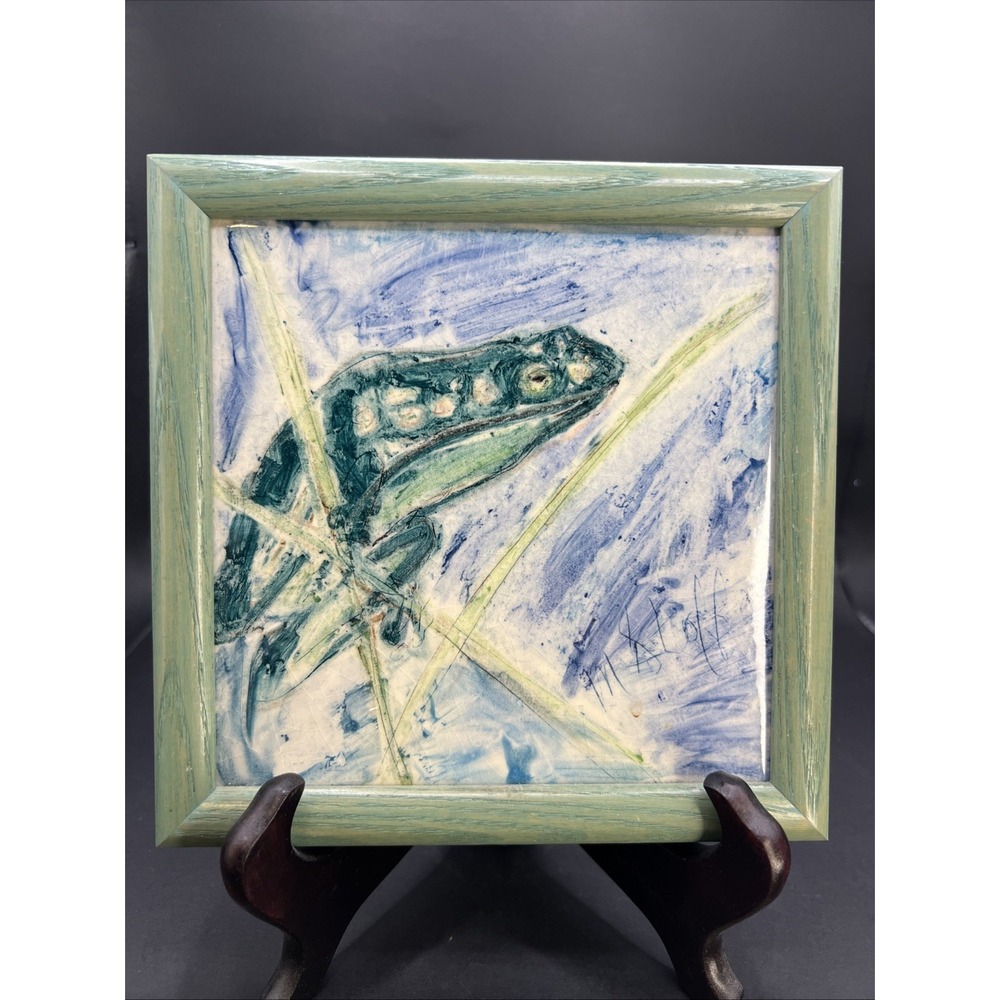 Vintage MK Stoffa Framed Ceramic Art Tile Frog Toad Fernandina Beach FL‎ Pottery